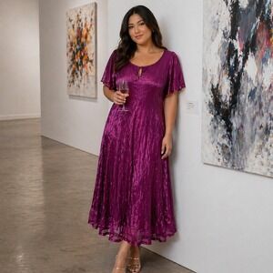 Dressbarn Woman Magenta Purple Crinkled Satin Midi Dress Whimsigoth Fairy L